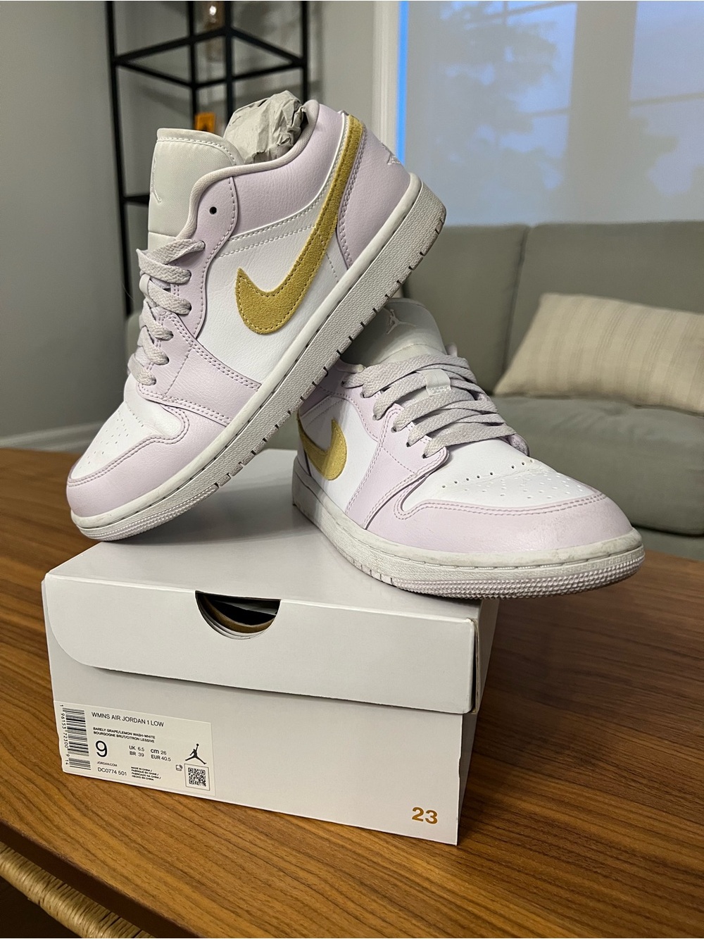 Nike Jordan 1 Low Women’s Sneaker — White & Pale Lavender w Gold Swoosh